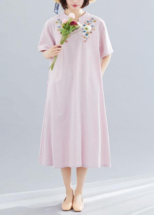 Women v neck linen clothes Neckline pink embroidery Dress summer - SooLinen