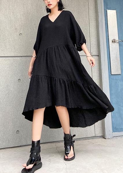 Women v neck low high design cotton summer black Kaftan Dress - SooLinen