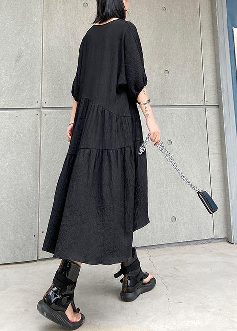 Women v neck low high design cotton summer black Kaftan Dress - SooLinen