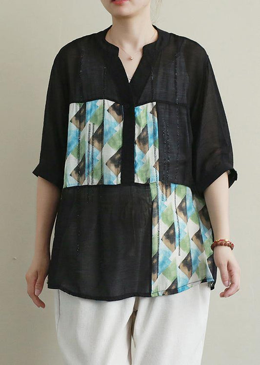 Women v neck patchwork cotton tops women black print Diamond top - SooLinen