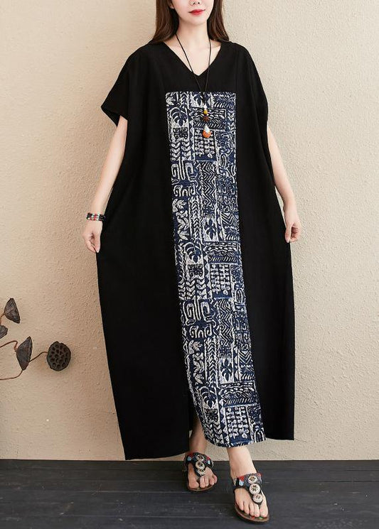 Women v neck patchwork linen Surroundings Work black Dresses - SooLinen