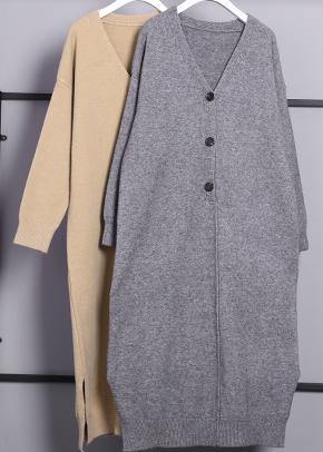 Women v neck side open Sweater outfits Classy khaki Hipster sweater dress - SooLinen