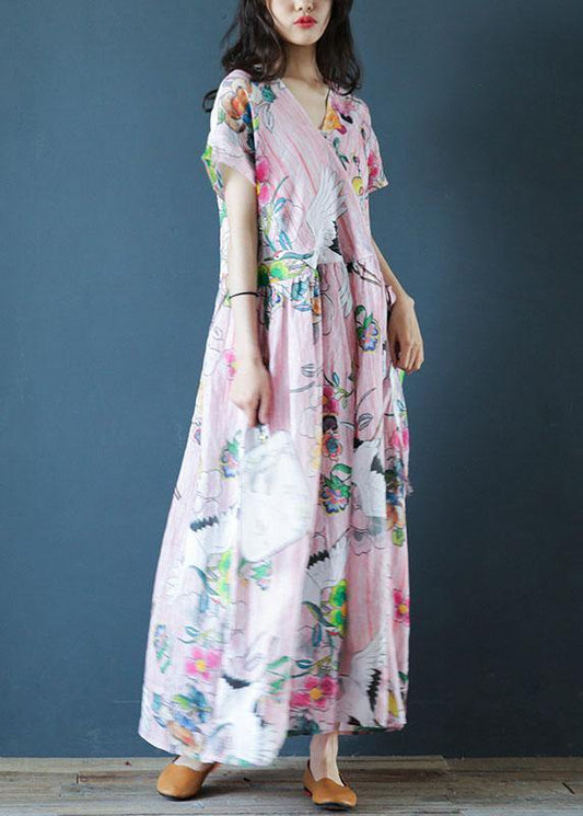 Women v neck Cinched linen Robes Fashion Ideas pink print Dress - SooLinen