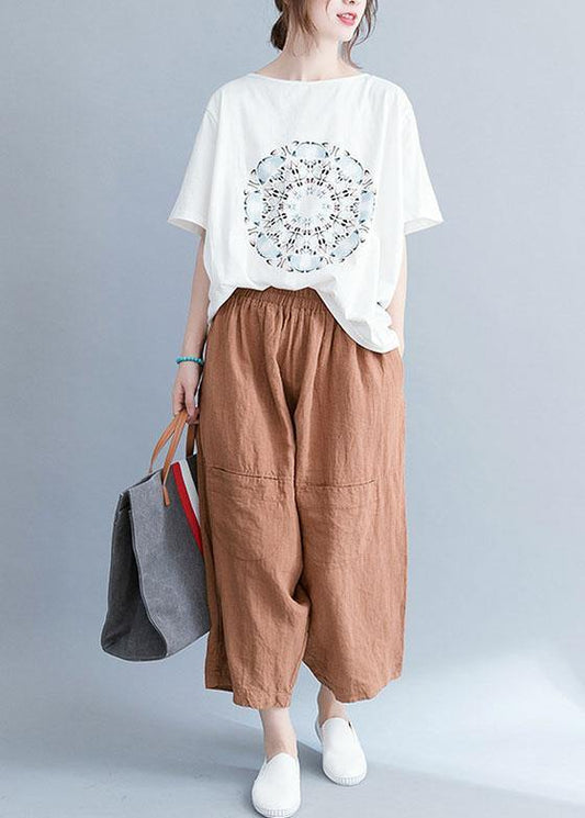 Women white cotton tunic top o neck prints Knee summer tops - SooLinen