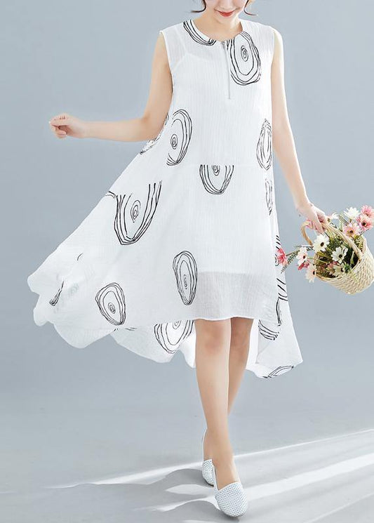Women white print linen cotton clothes For Women sleeveless low high design shift summer Dress - SooLinen