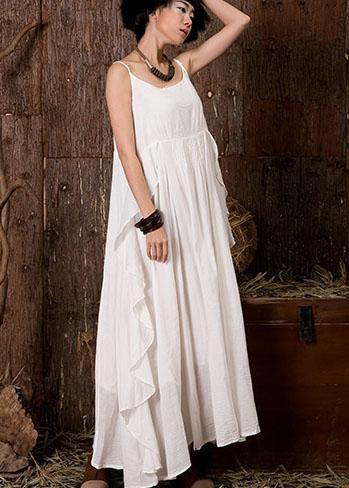 Women white sleeveless linen clothes ruffles side Art summer Dress - SooLinen