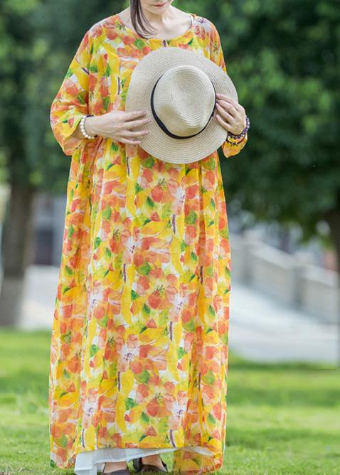 Women yellow print linen dresses o neck asymmetric Traveling summer Dresses - SooLinen