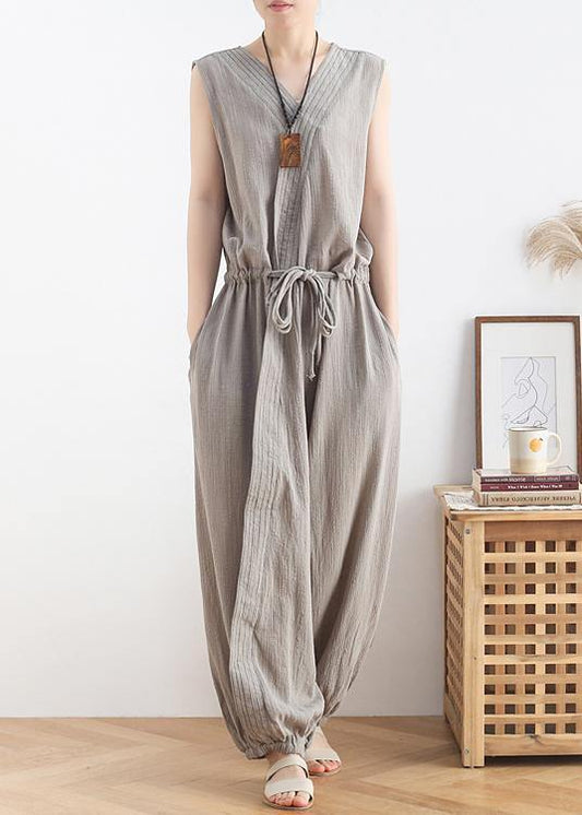 Women's 2021 spring and summer new drawstring waist gray jumpsuit wide-leg pants - SooLinen