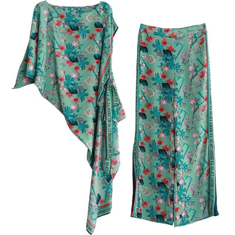 Women's 2021 summer national style green print suit irregular two-piece - SooLinen