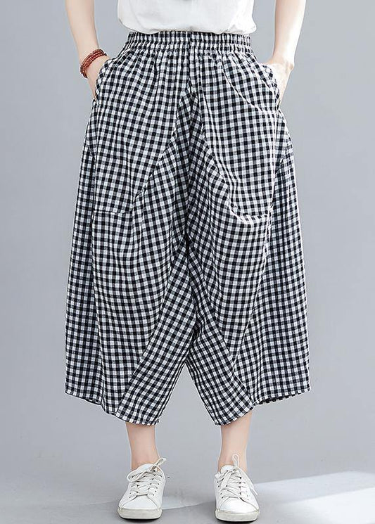 Women's Stitched Black Plaid Large Casual Capris - SooLinen