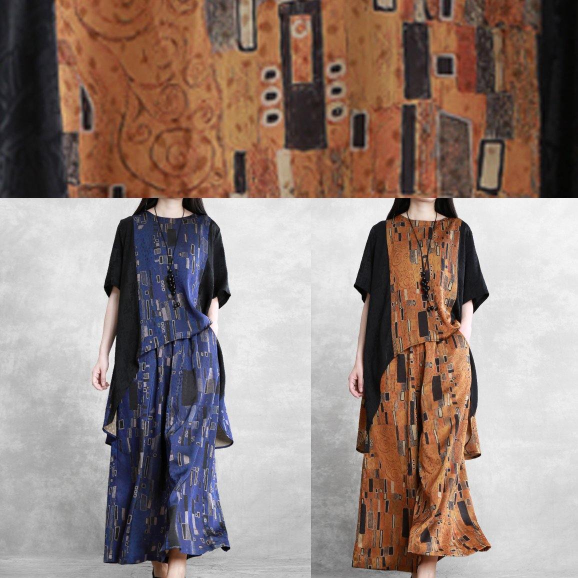 Women's literary stitching suit loose irregular casual two-piece yellow summer - SooLinen