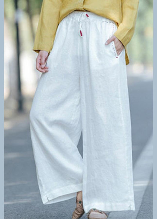 Women's literature white loose straight elastic waist lace up wide leg pants - SooLinen
