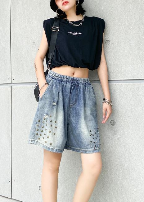 Women's loose straight denim blue shorts large size thin section rivet hole five-point pants - SooLinen