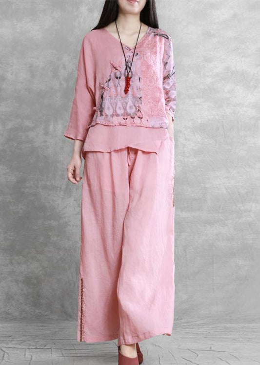 Women's national style suit fake two-piece top wide-leg pants two-piece - SooLinen