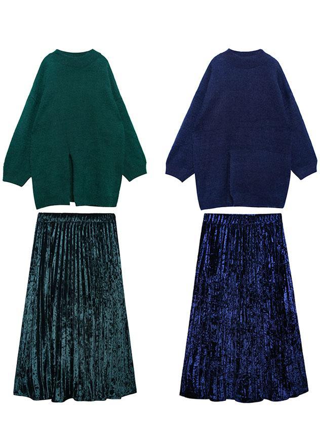 Women's spring plus size sweater mid-length velvet skirt pleated skirt two-piece - SooLinen