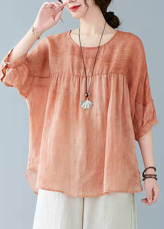 Damen O-Ausschnitt Halbarm Leinen Sommer Tunika Muster Nähen blaues Hemd