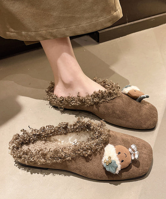 Yellow Cartoon Slippers Shoes Suede Handmade Splicing Fuzzy Wool Lined