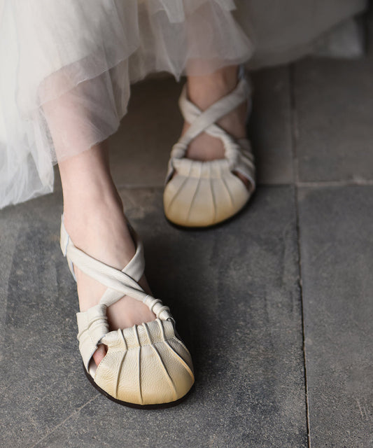 Yellow Cowhide Leather Splicing Hollow Out Walking Sandals