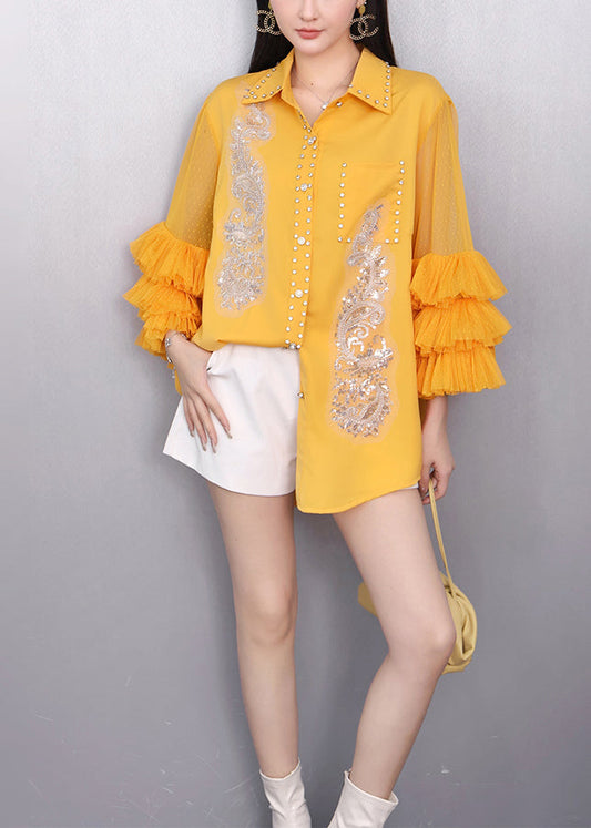 Yellow Draping Chiffon Blouses Embroidered Bracelet Sleeve