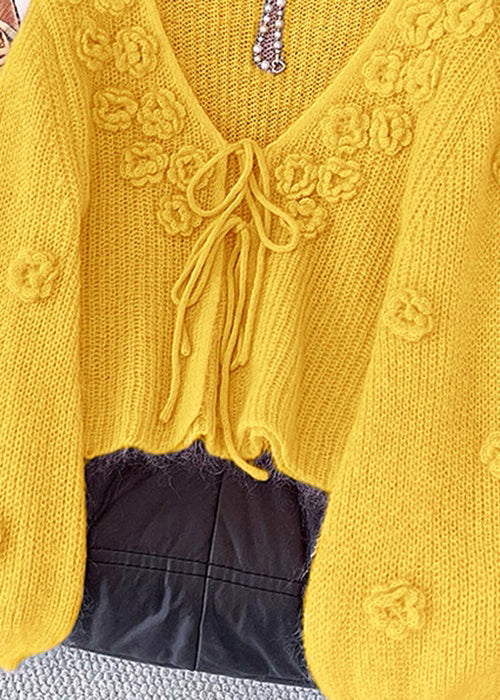 Yellow Floral Lace Up Knit Cardigan V Neck Fall