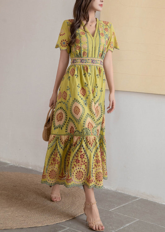 Yellow Hollow Out High Waist Cotton Summer Long Dress V Neck