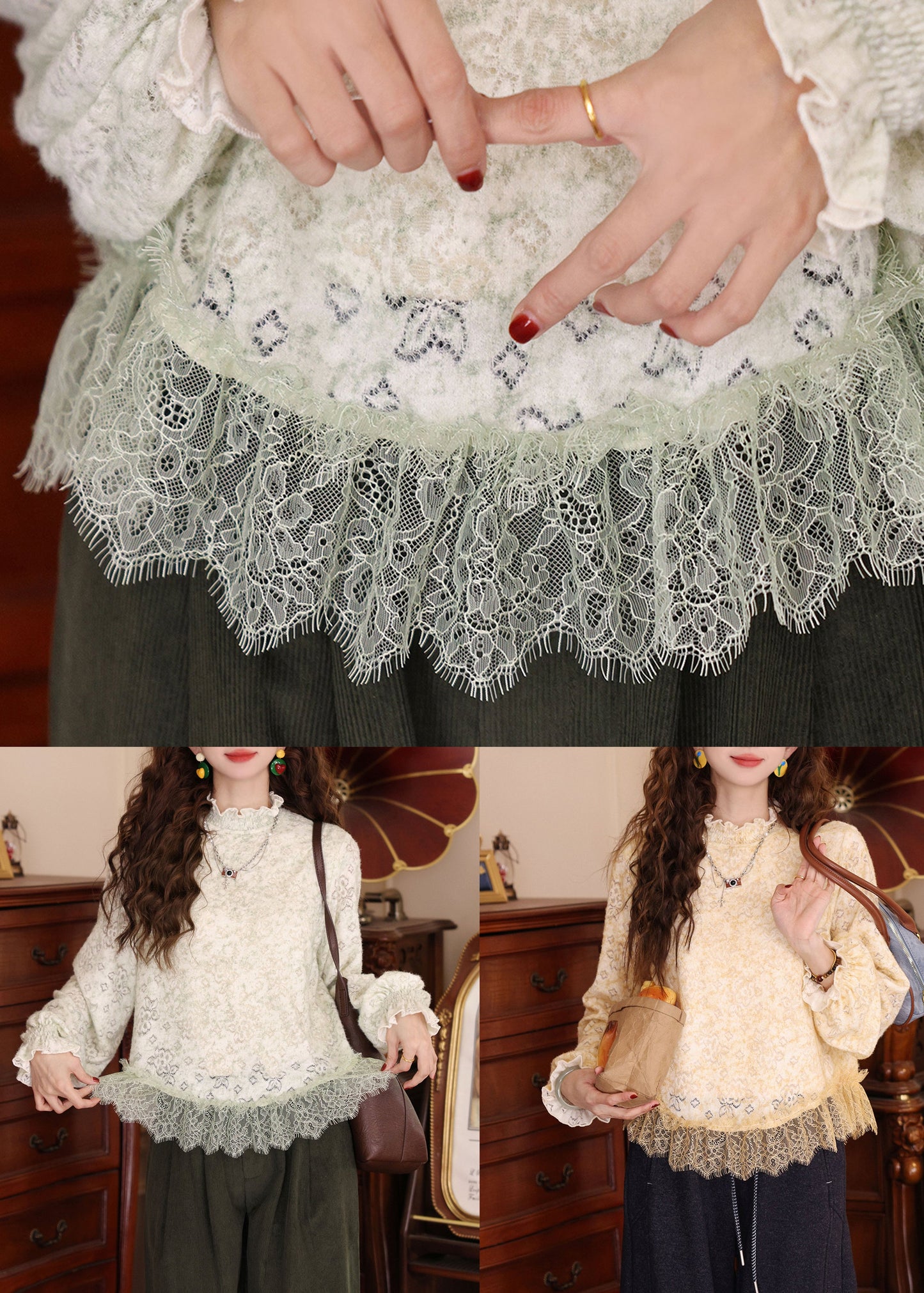 Yellow Lace Patchwork Thin Knit T Shirts Hollow Out Petal Sleeve