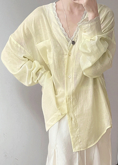 Yellow Lace Pockets Silk Cotton Summer Blouse V Neck