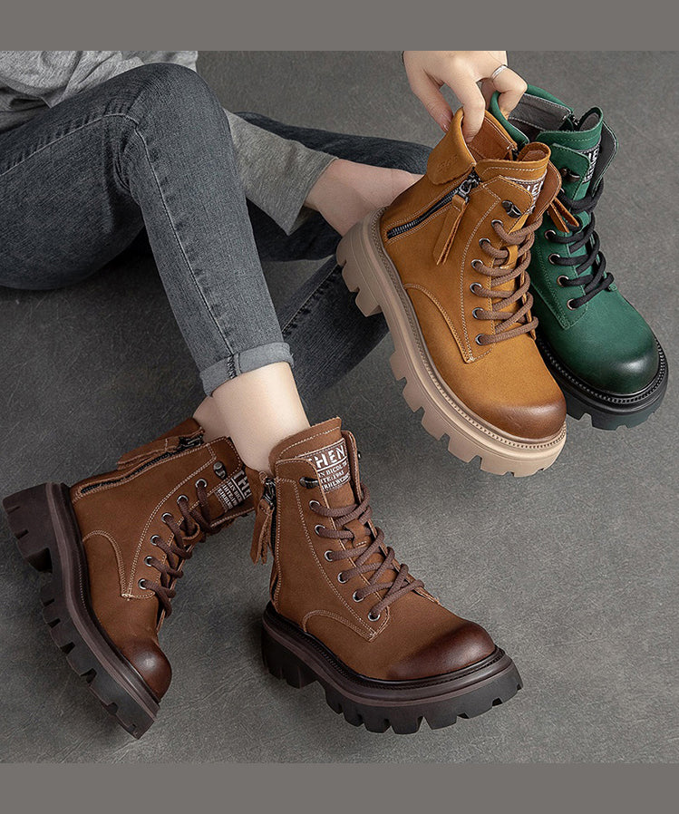 Yellow Lace Up Splicing Cowhide Leather Platform Boots