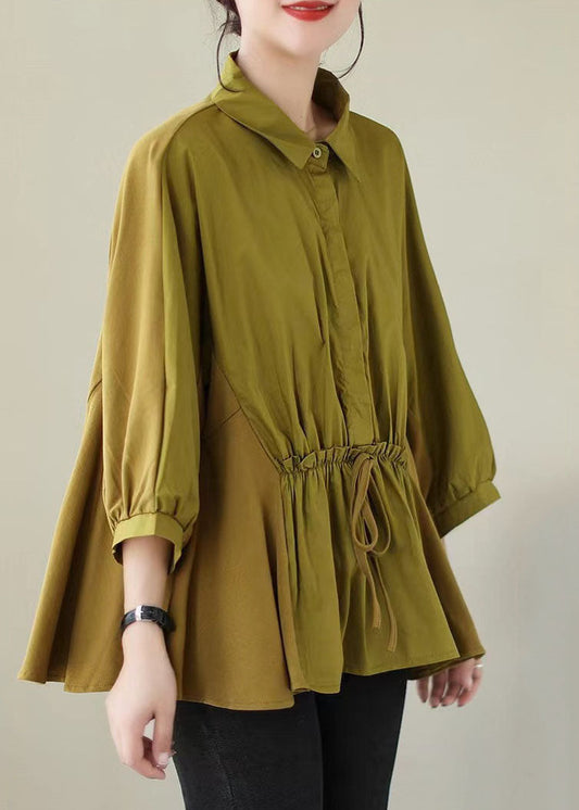 Blusas de algodón con patchwork amarillo, cuello Peter Pan y cordones para verano