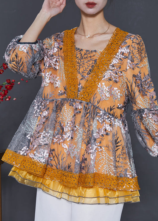 Gelb Patchwork Tüll Shirt Top Bestickt Frühling