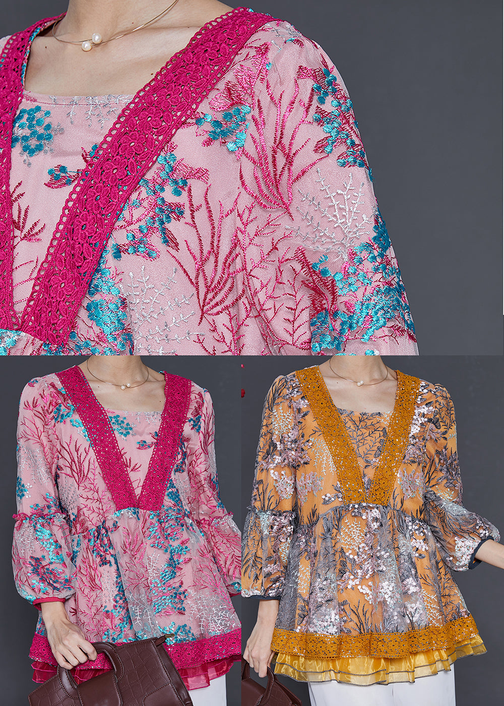 Gelb Patchwork Tüll Shirt Top Bestickt Frühling