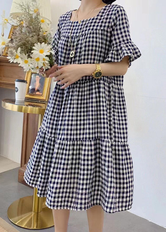 Yellow Plaid Cotton Dresses Oversized Butterfly Sleeve