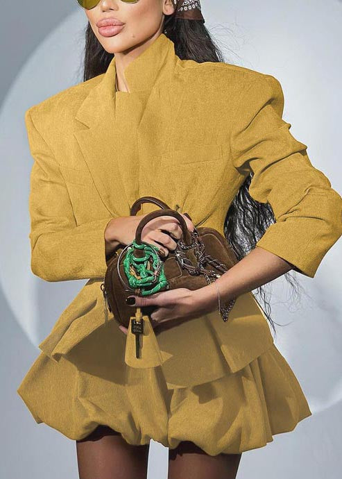 Yellow Silm Fit Cotton Coats And Skirts Women Sets 2 Pieces Spring