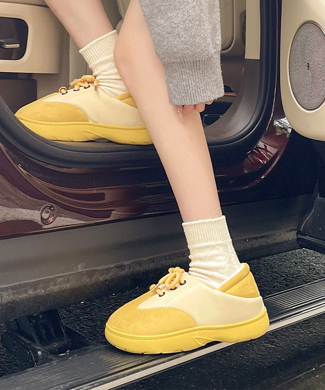 Yellow Suede Lace Up Splicing Flat Feet Shoes Fuzzy Wool Lined