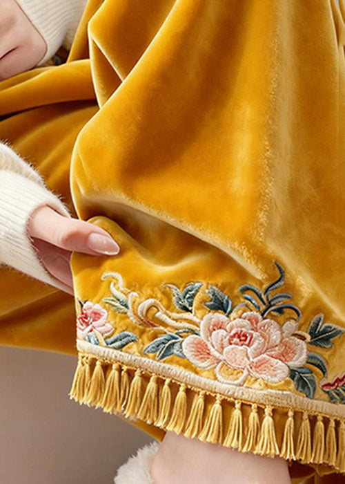 Yellow Tasseled Elastic Waist Silk Velvet Pants Embroidered