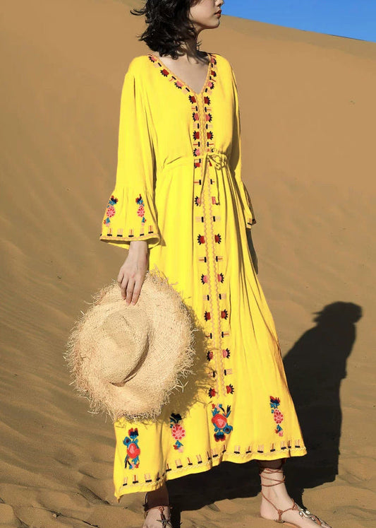 Yellow Tie Waist Cotton Fall Long Dress Embroidered