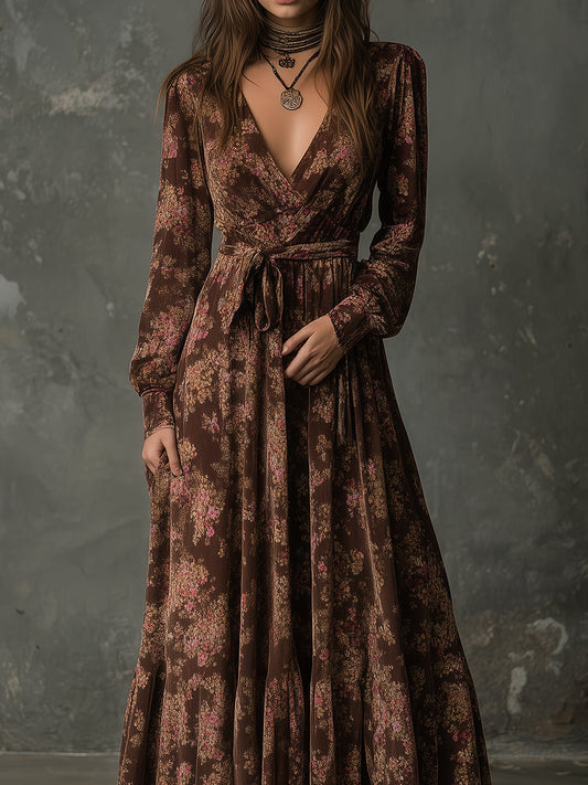 Retro Floral Suede Printed A-line Maxi Dress With Belt