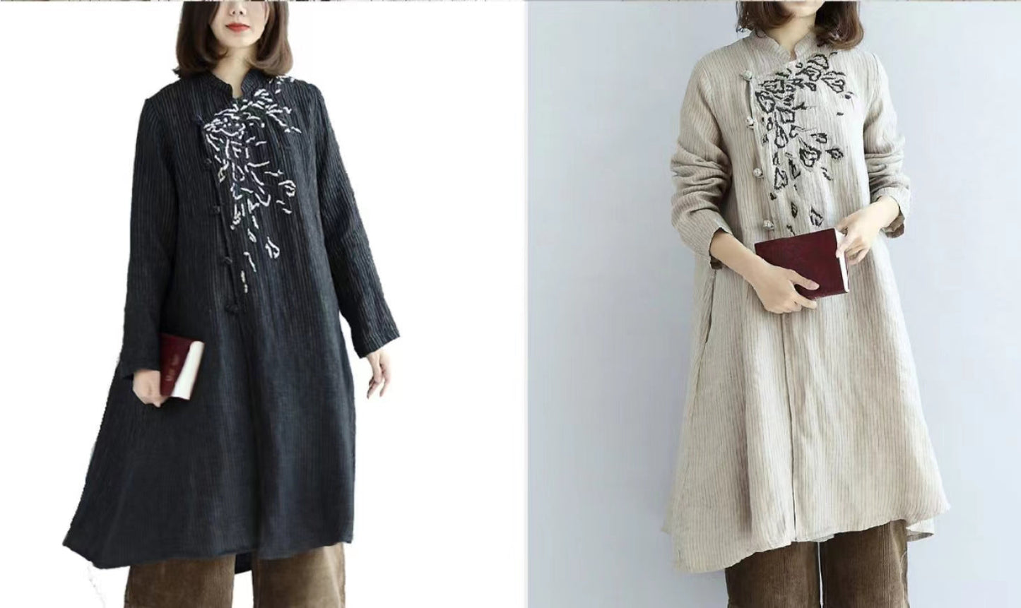 Vintage schwarze Leinenkleider Plus Size Leinenblusen Kaftane