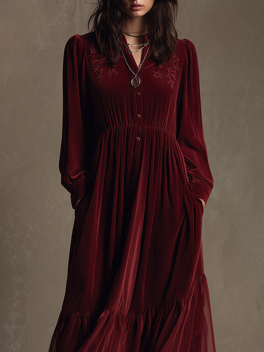 Quiet Luxury Velvet Embroidered Chiffon Ruffled Hem Maxi Dress