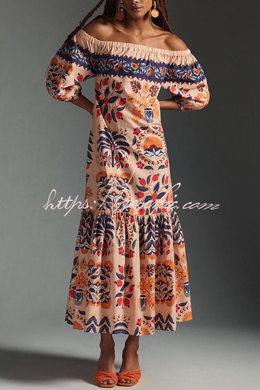 Island Print Off-Shoulder Flowy Midi Dress