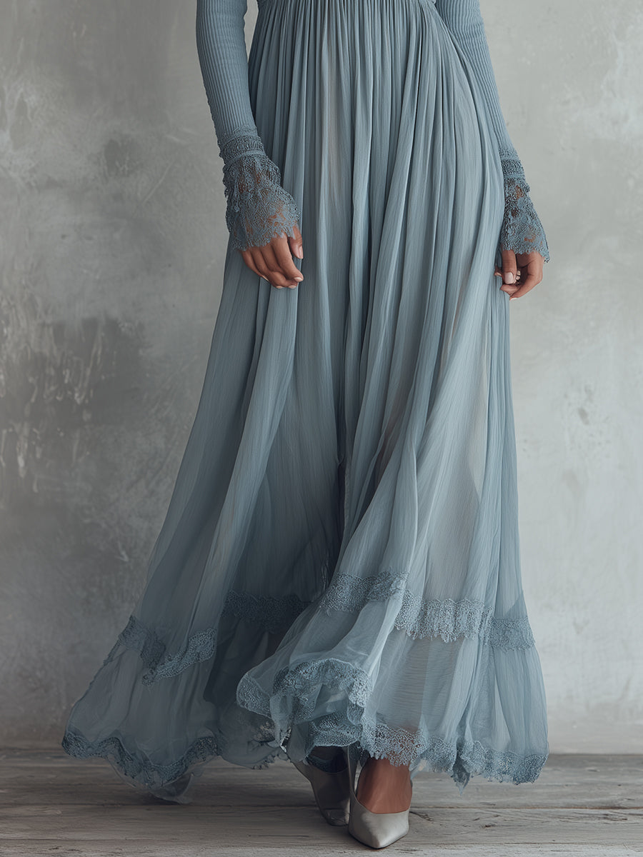 Bohemian Holiday Knitted Chiffon Pleated Lace Splicing Maxi Dress