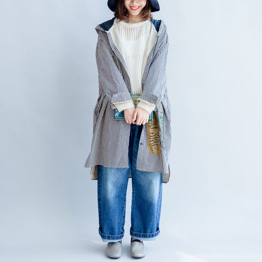 Herbst schwarz beige gestreiften Drucke Baumwolle Hemdkleid Plus Größe Kapuze Strickjacken Midi Kleid