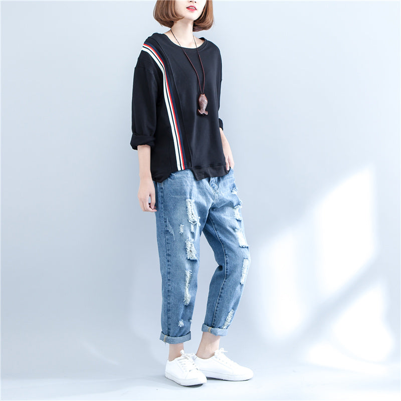 Herbst schwarz lässig dickes T-Shirt plus Größe Langarm Patchwork Tops