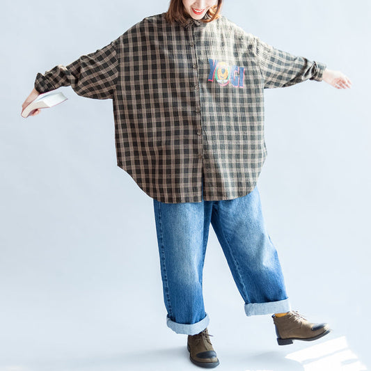 Herbst lässige schwarzgrüne Baumwollbluse Oversize-Tops mit Cartoon-Print und Fledermausärmeln