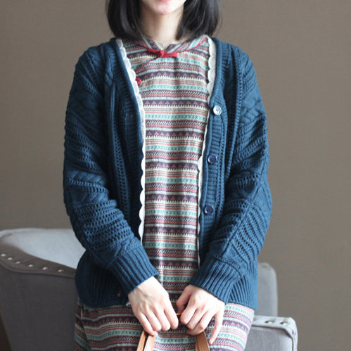 Herbst dunkelblaue Baumwoll-Strickjacke in Übergröße, lässige Spitzen-Pullover