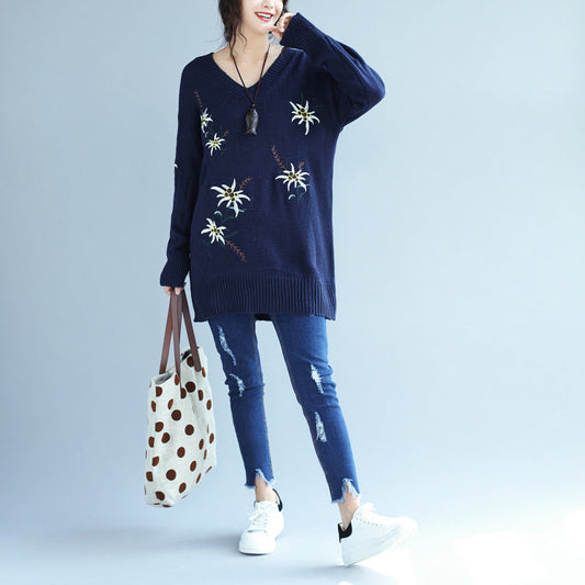 Herbstmode blaue Stickerei Pullover Kleid Übergröße mittellang Strickpullover Kleider