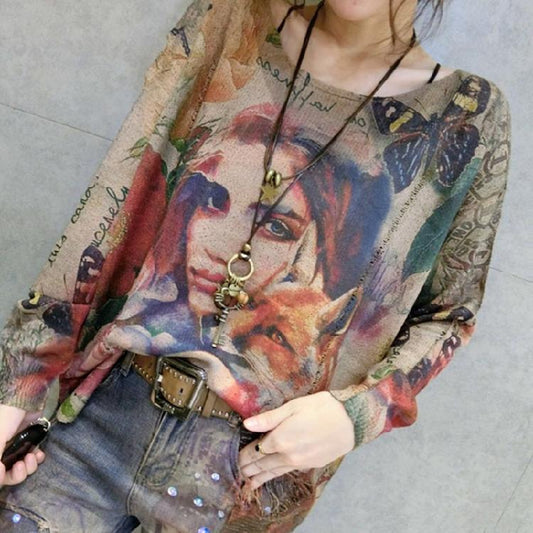 Herbst mode lässig print stricken pullover plus größe o neck frauen pullover