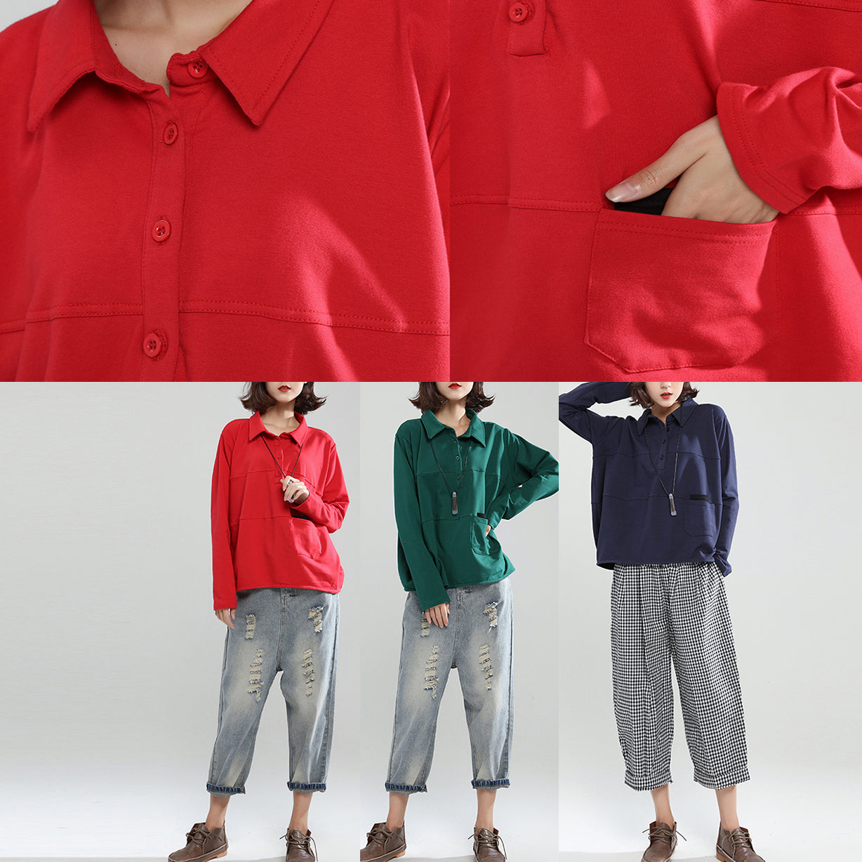 Herbstmode Marine Baumwollbluse Plus Size Langarmpullover