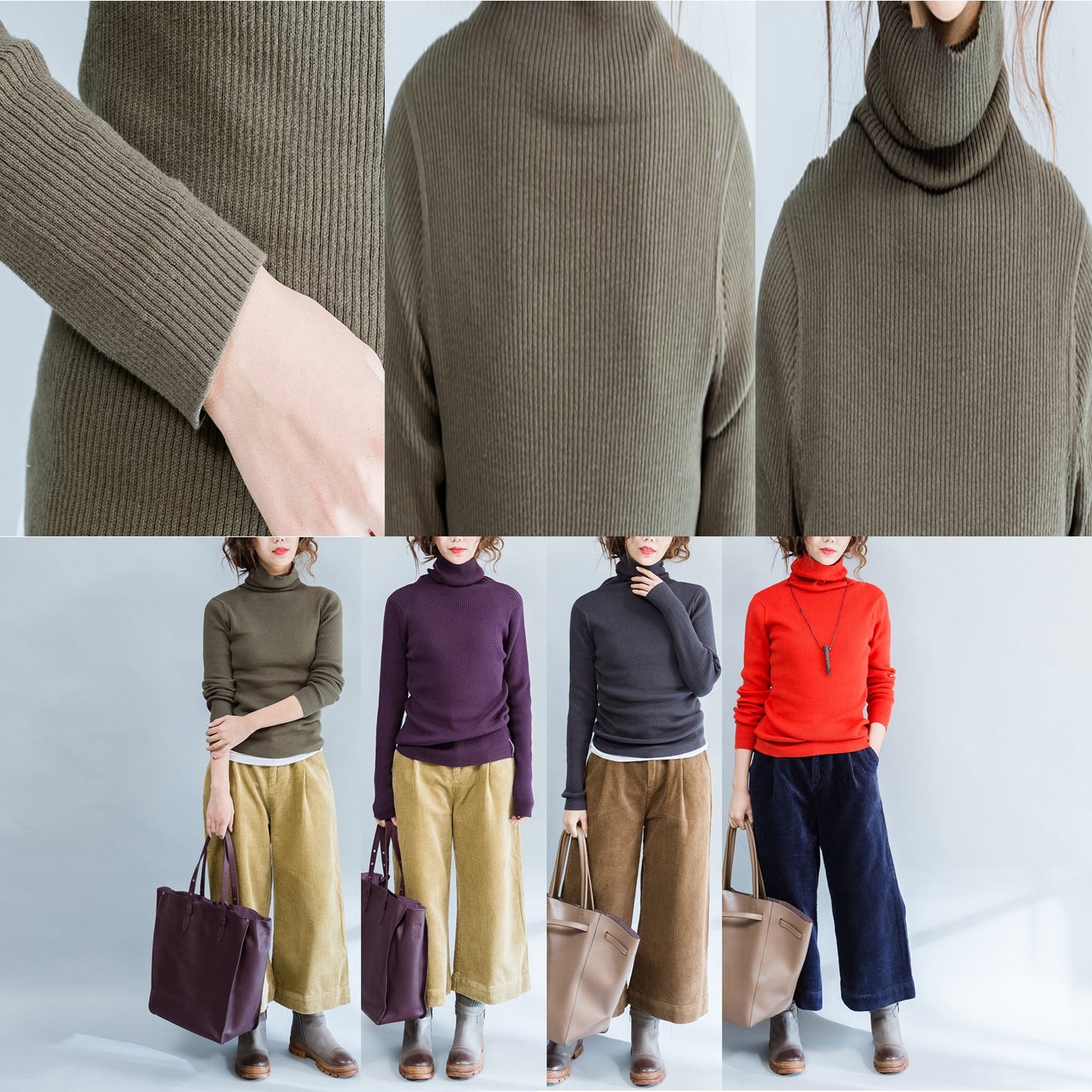 Herbst grün fit pullover mode casual high neck stricken tops