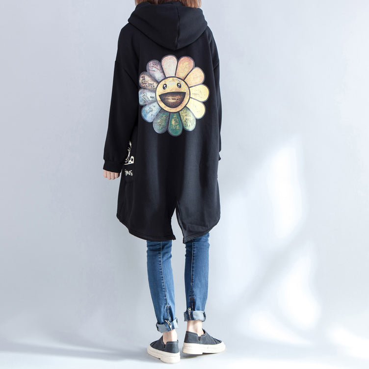Herbst neue drucke schwarz casual mäntel übergroßen kapuze zurück seite öffnen strickjacken kleidung